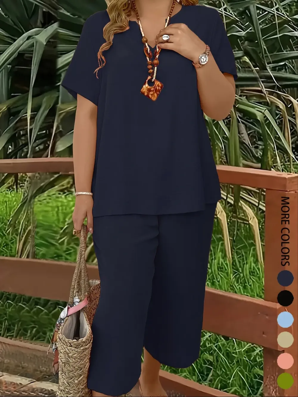 Elegant Plus-Size Women's Set: Solid-Color Short-Sleeve Fashion Top & Casual Wide-Leg Pants