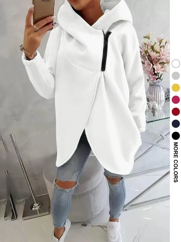 Women's Plus Size Hooded Sweatshirt, Full Zip Fashion Design, Asymmetrical Hem