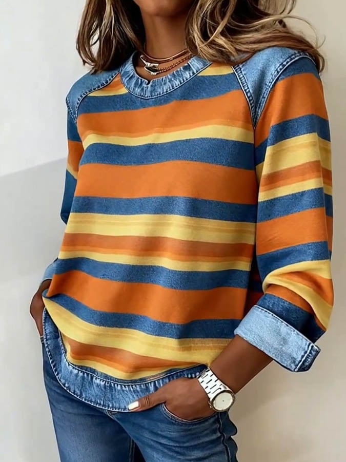 Women'S Casual Round Neck Denim Patchwork Striped Print Pullover Sweatshirt