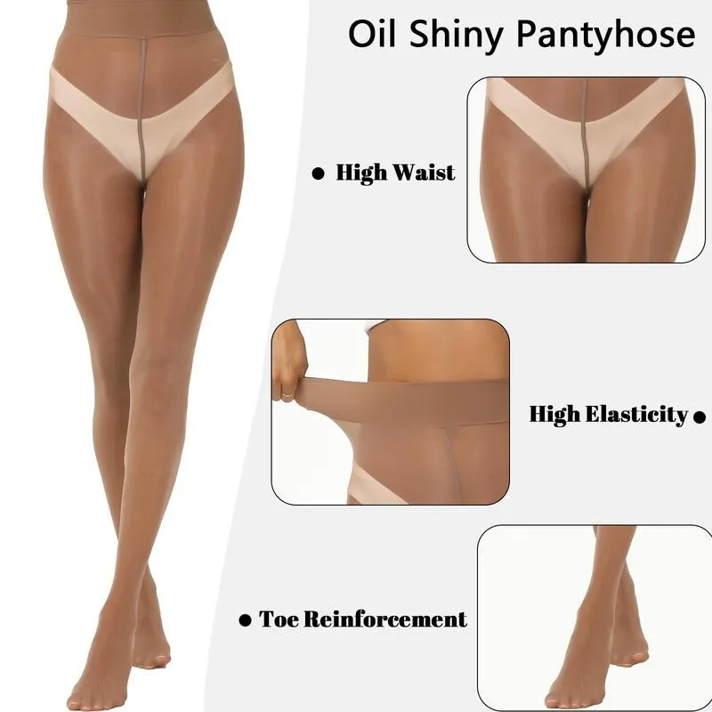 Women's Shiny Sheer Tights High Waist Silk Comfort Stockings Oil Shimmery Nylons Pantyhose Silky Spandex Elastic Dressy Legwear