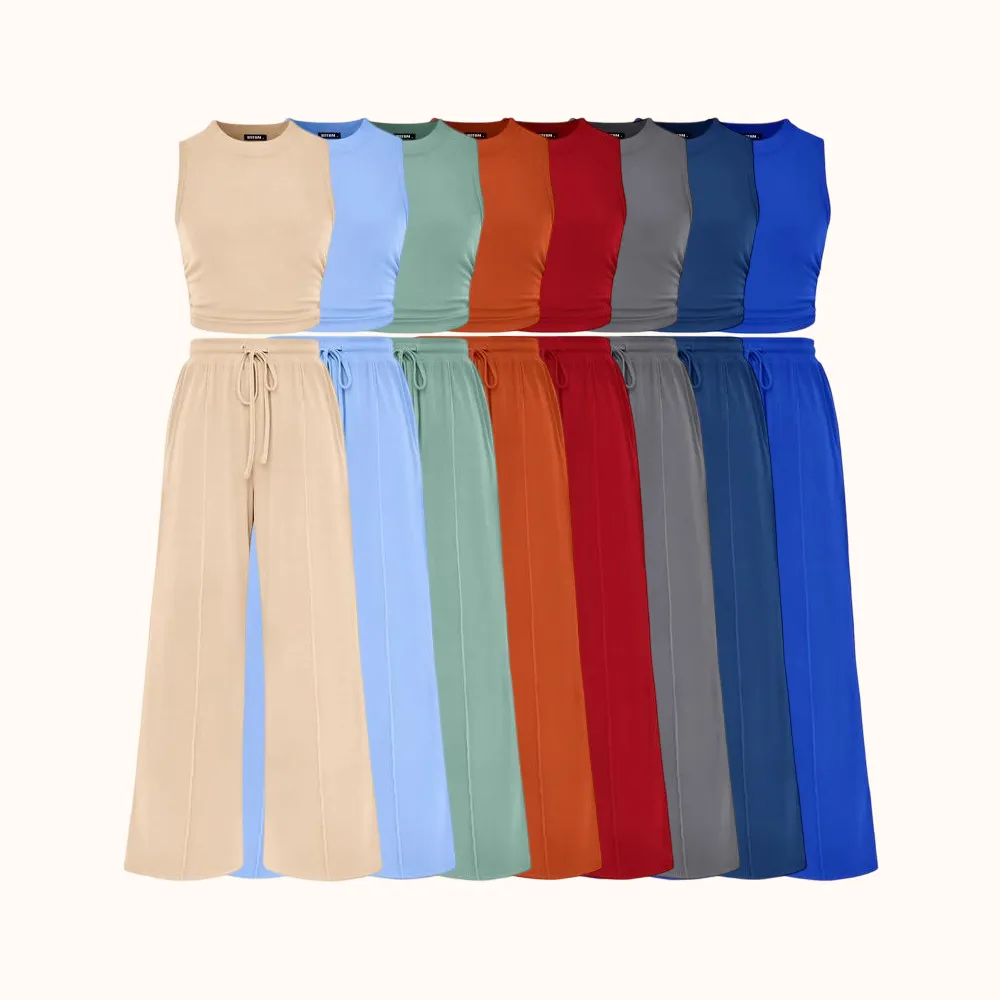 Women's Summer 2-Piece Outfits - Ribbed Knit Crew Neck Sleeveless Cropped Top & Wide Leg Pants Lounge Set