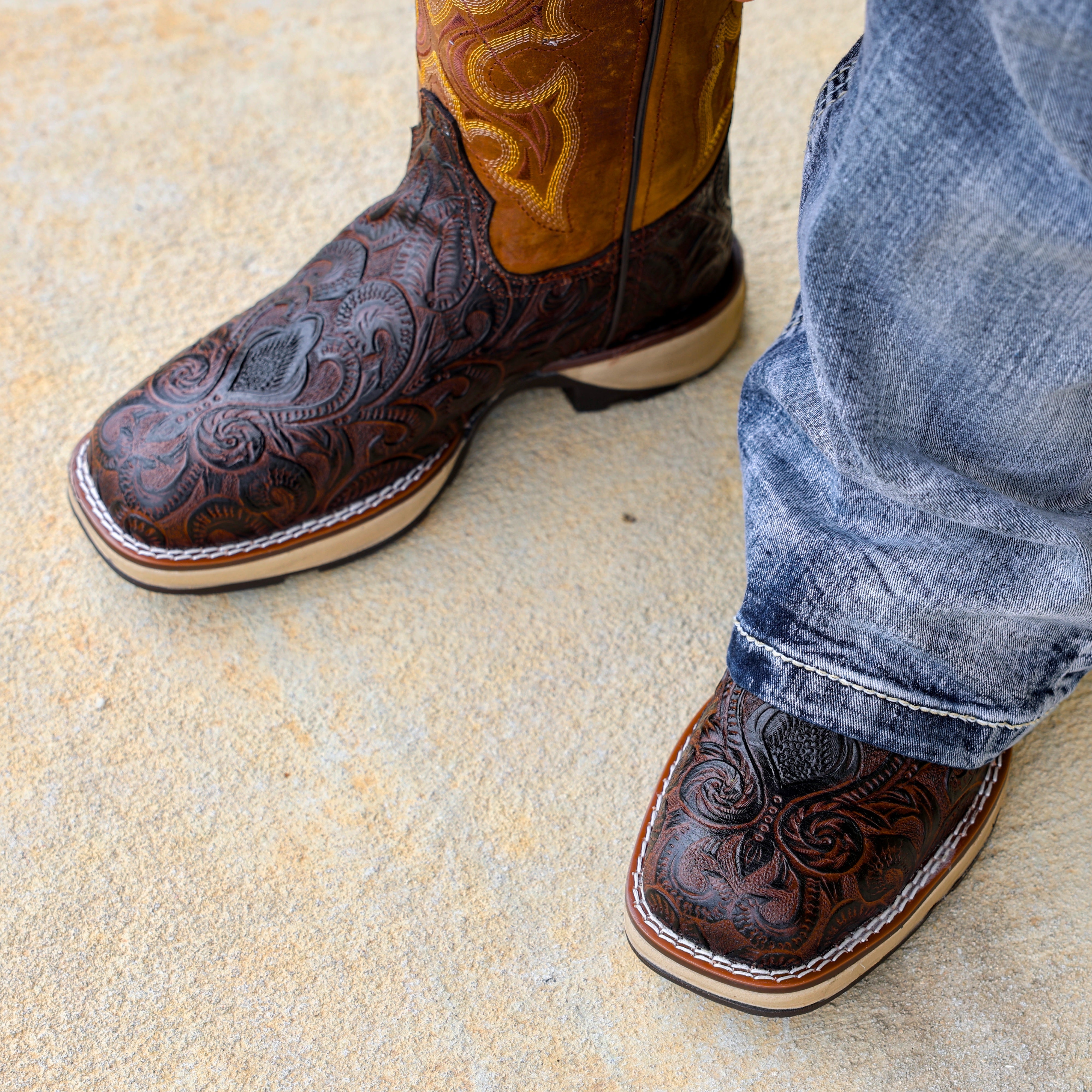 Brown Hand-Tooled Leather Boots With 3D Lightweight Sole - Composite Toe