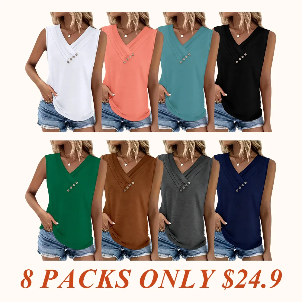 Women Summer Button Down V Neck T Shirts Sleeveless Loose Fit Fashion Tops
