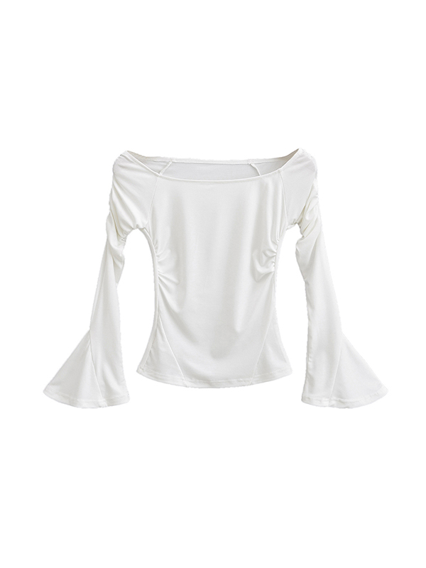 Pleated Solid Color Flared Sleeves Long Sleeves Boat Neck T-Shirts Tops