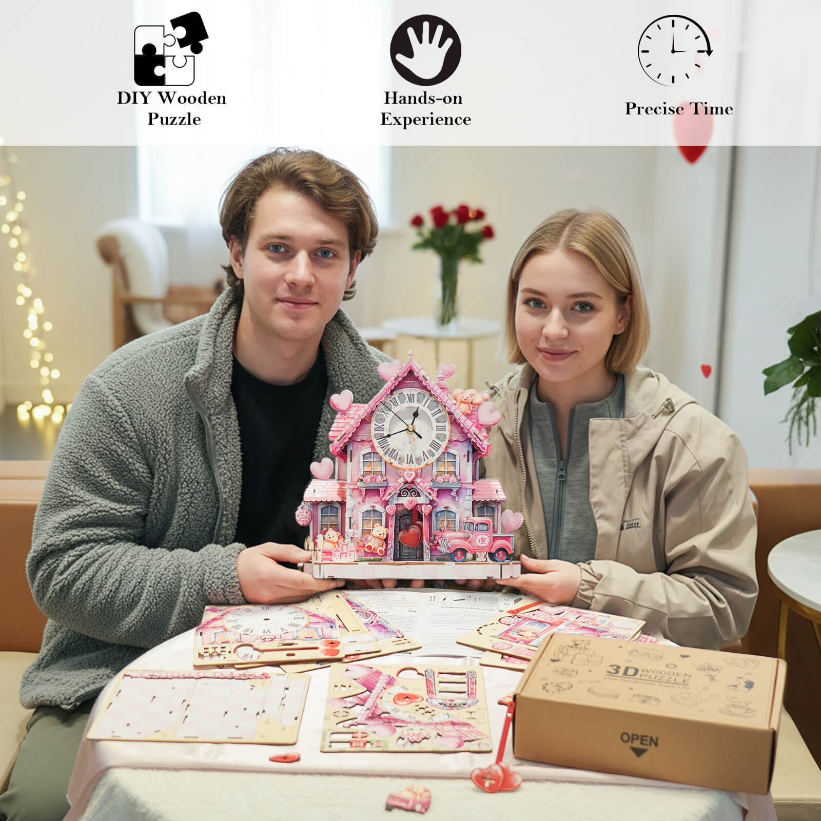 Sweetheart Cottage – DIY Wooden Clock, 3D Puzzle Craft Kit