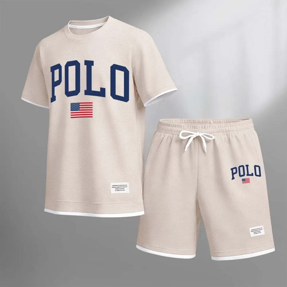 Men's Spring/Summer Printed Polo Shirt and Drawstring Shorts Set