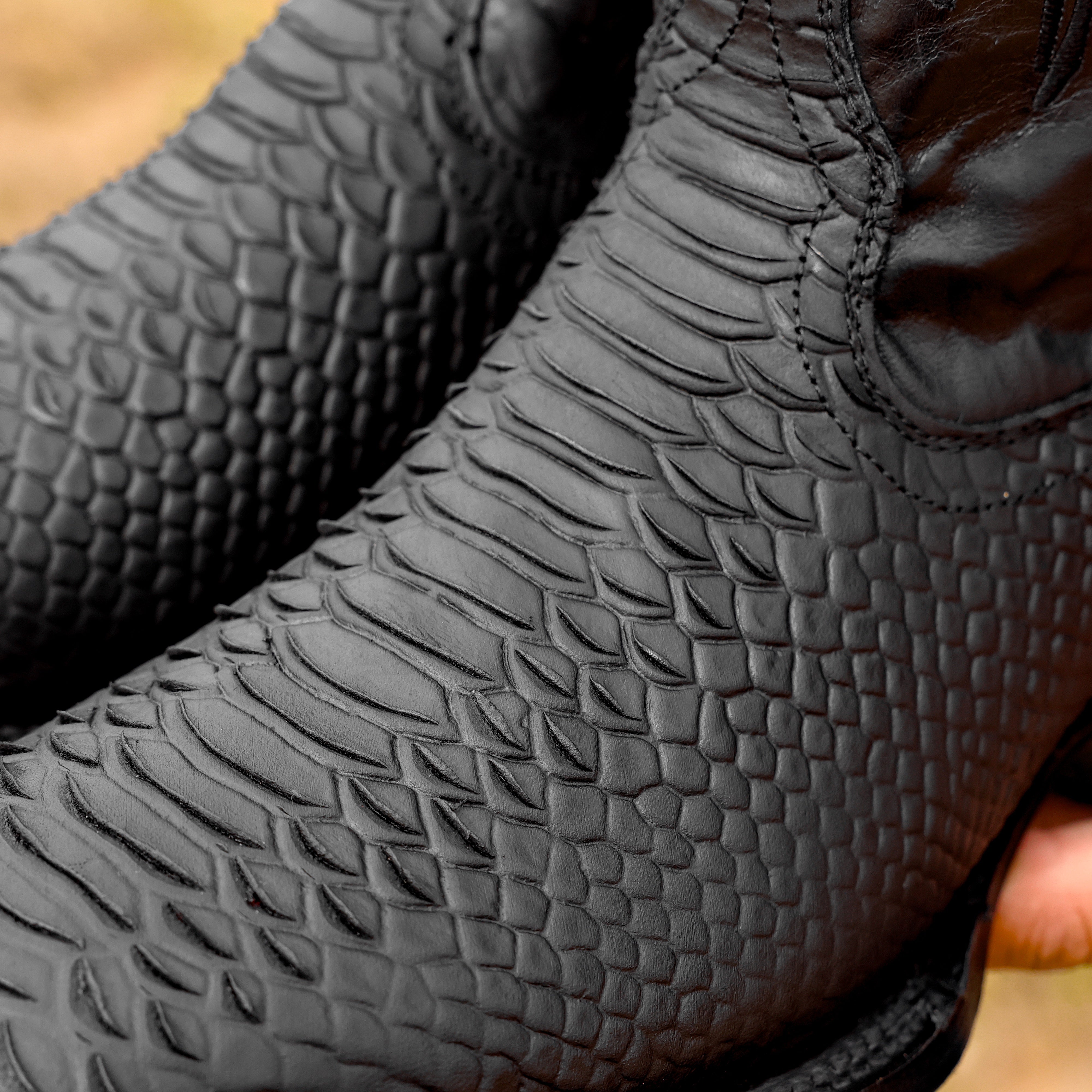 Matte Black Python Leather Boots - Square Toe