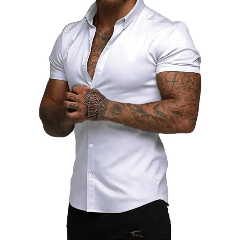 Mens Muscle Fit Dress Shirts Casual Button Down Shirt Short Sleeve Wrinkle-Free Shirts