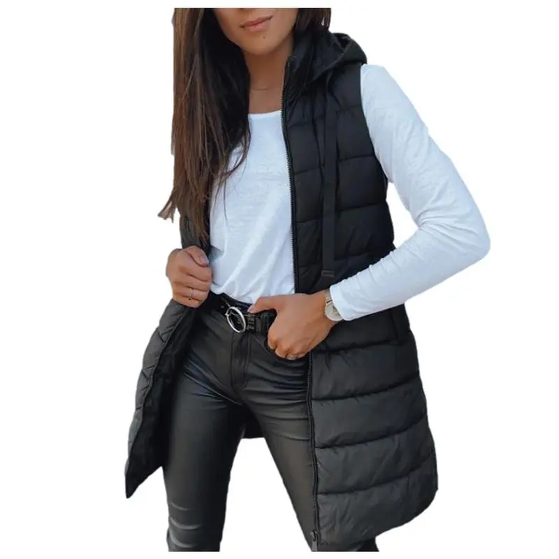 Women Long Vest Solid Color Sleeveless Hood Winter Puffer Vest Outwear
