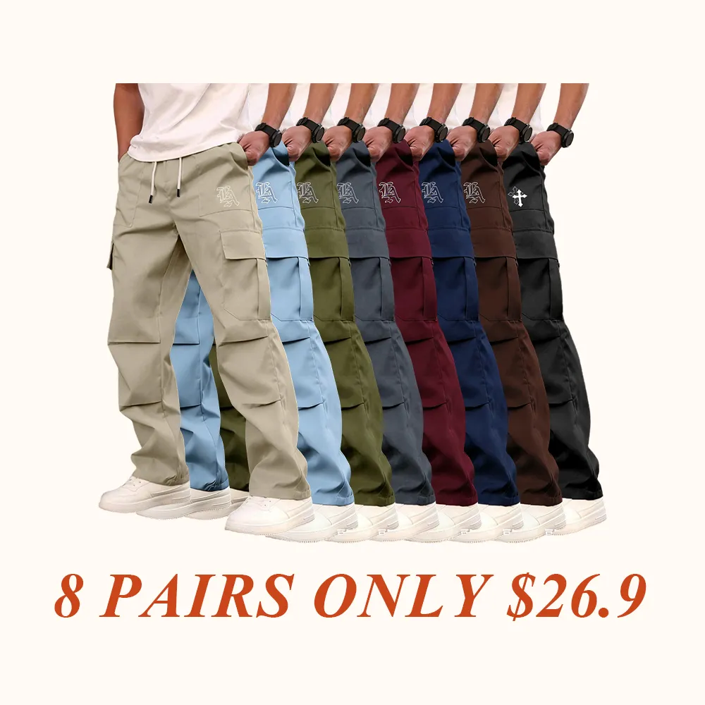 Men's Casual Work Pants, Unique Print, Multiple Pockets, Accordion Design at Knees, Adjustable Drawstring Waist, Outdoor Hiking