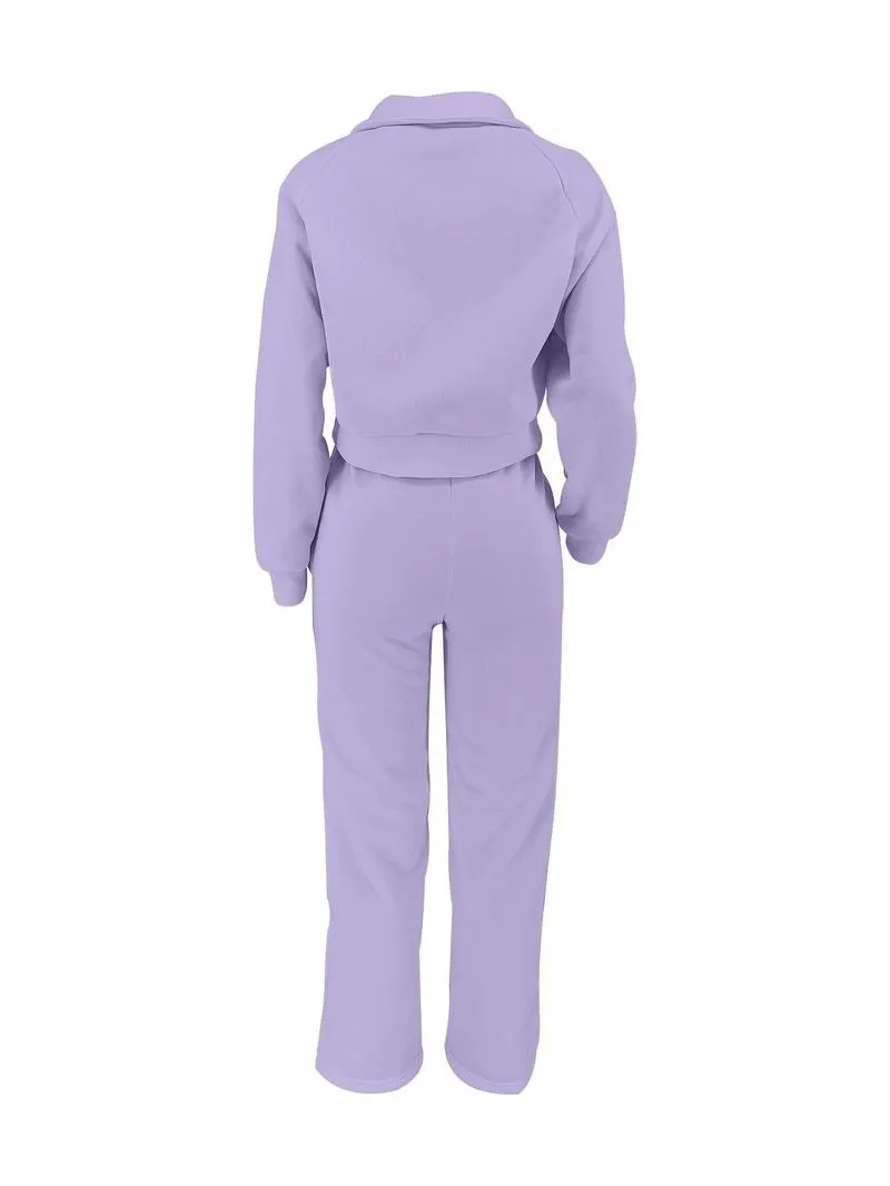 Women's Solid Long Sleeve Sweatshirt & Drawstring Waist Pants Set