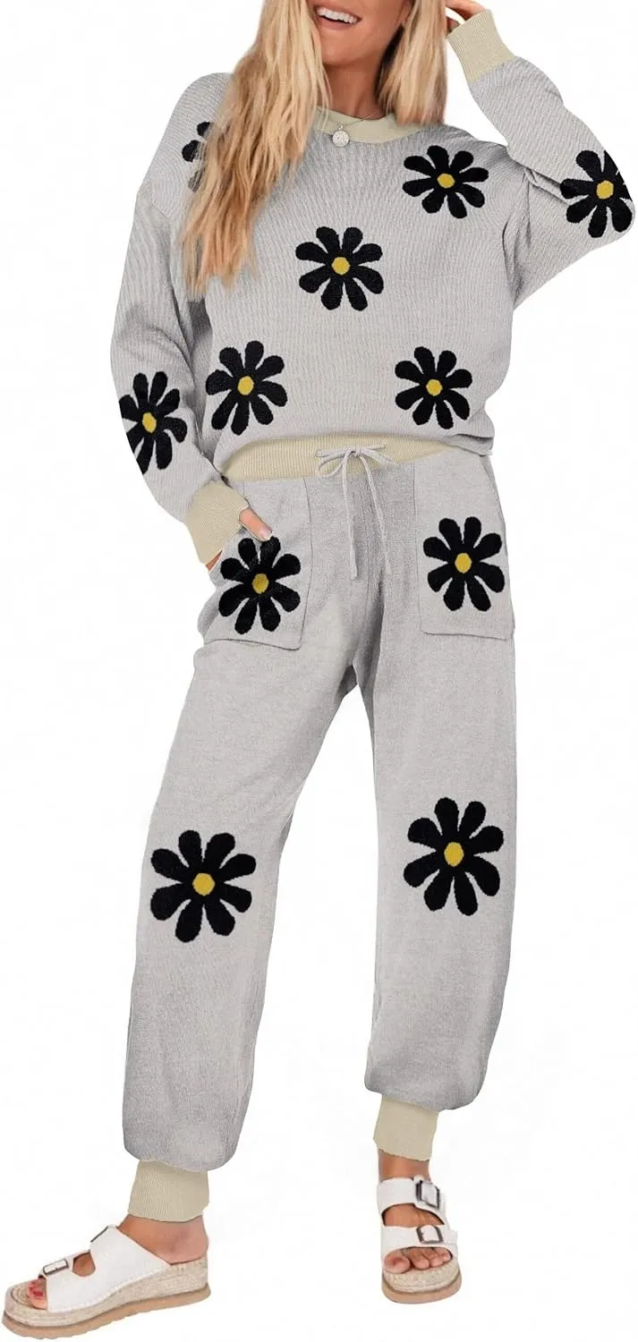 Women's Long Sleeve Knit Loungewear Set Jogger Pants Outfit