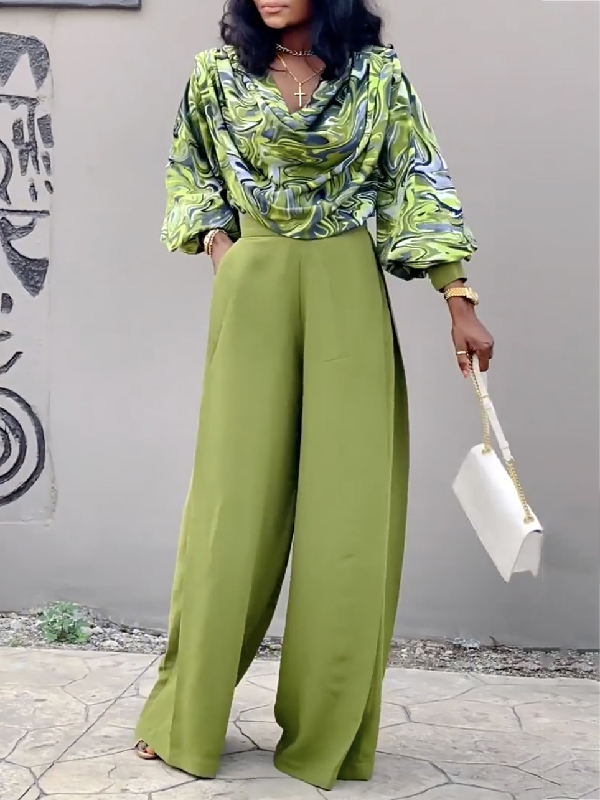 Printed Heaps Collar Long Sleeves Shirts Top + High Waisted Pants Bottom Two Pieces Set