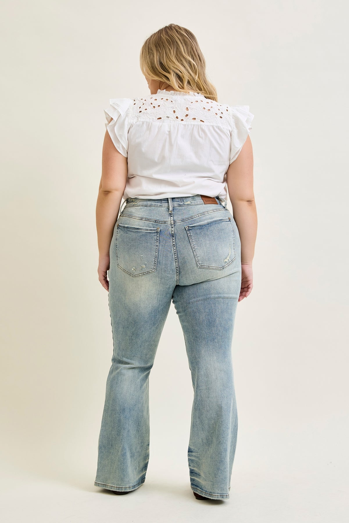 Megan Mid Rise Tinted Pin Tack Detail Flare Jeans - PLUS