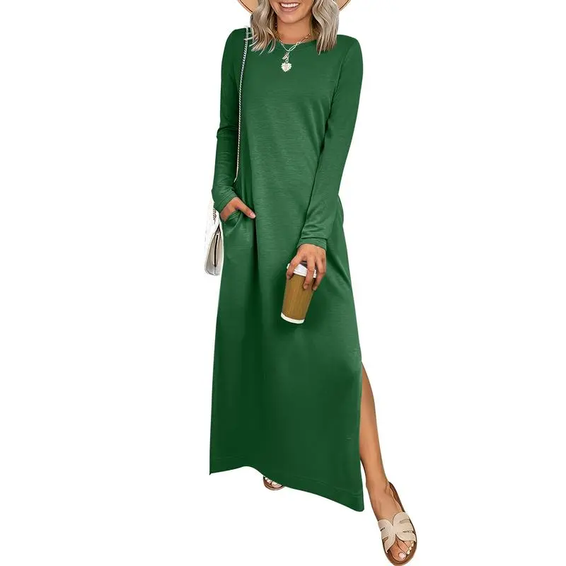 Women Long Sleeve Dresses 2026 Fall Casual Crewneck Loose Fit Split Flowy Wrinkle-Free Travel Vacation Maxi Dress