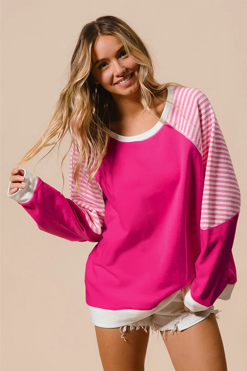Strawberry Striped Patchwork Crew Neck Raglan Sleeve Top