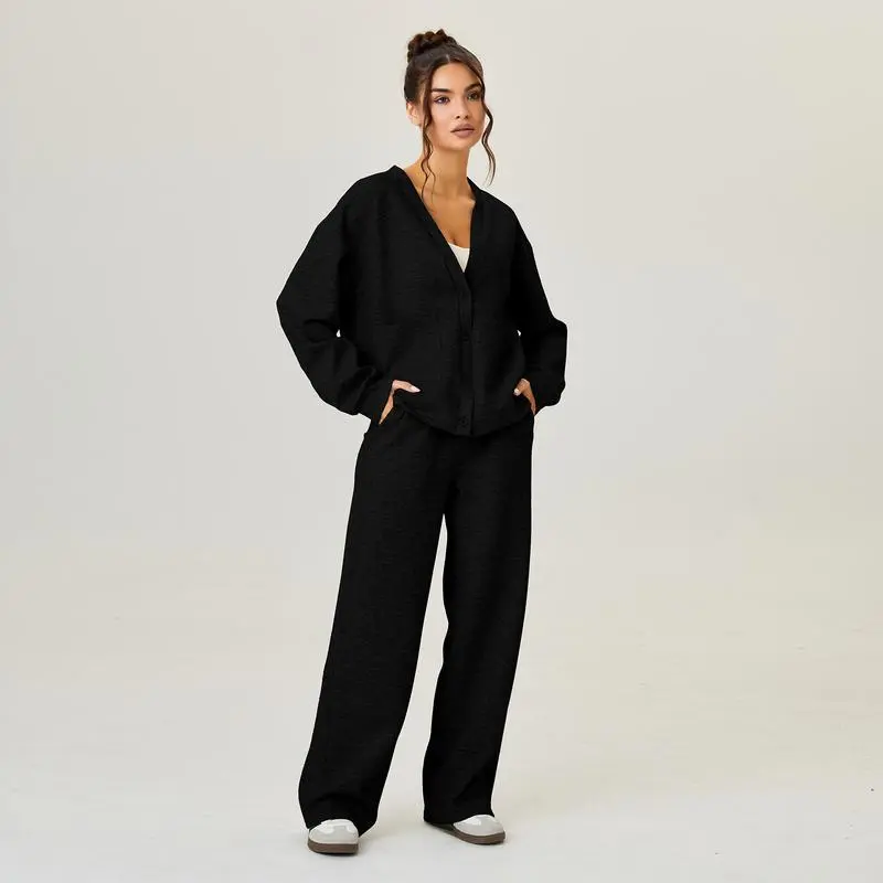 Women's Slouchy Solid Color V Neck Long Sleeve  & Drawstring Waist Trousers Co-ord