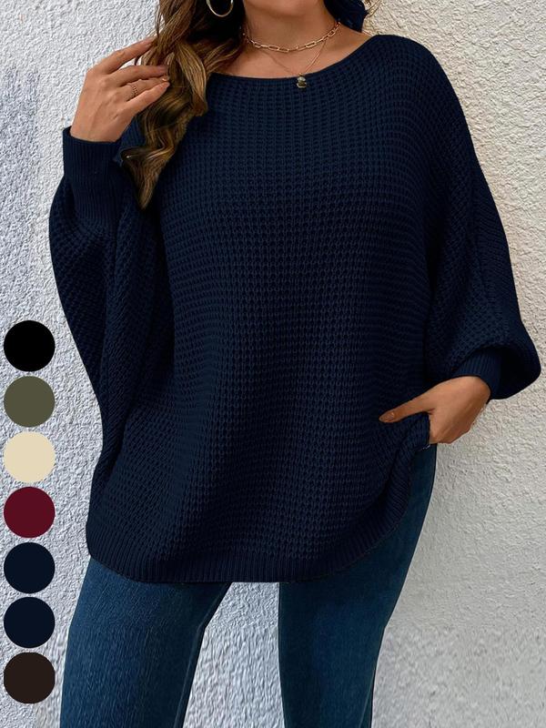 Women's Solid Color Knitted Boat Neck Batwing Sleeve Casual Classic Elegant Pullover Sweater, Autumn/Winter Fall Outfit