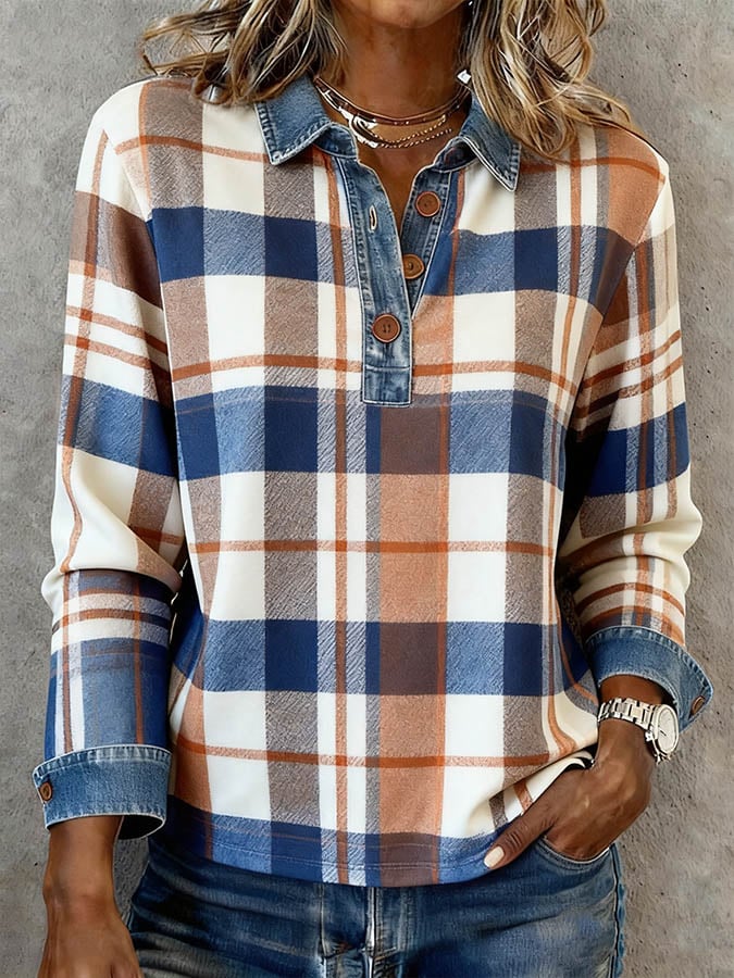 Women'S Casual Lapel Contrast Color Stitching Plaid Top