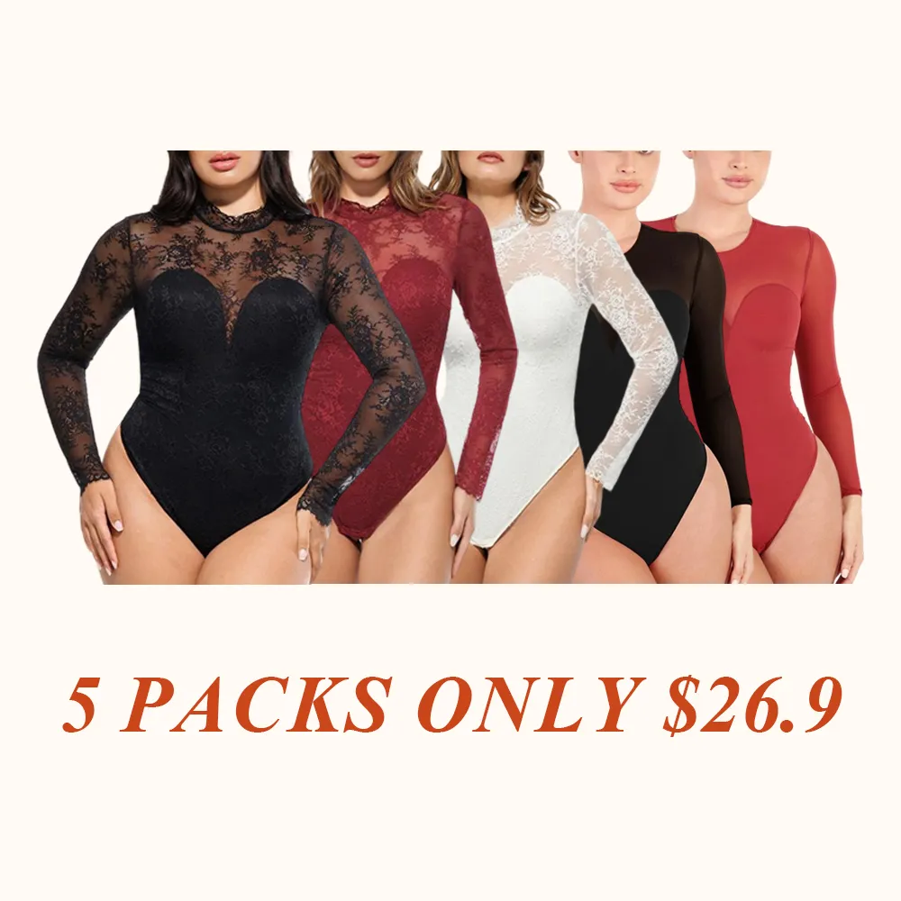 Deep V-Neck Long Sleeve Bodysuit Breathable Fabric Sheer Lace Turtleneck with Built-in Bra