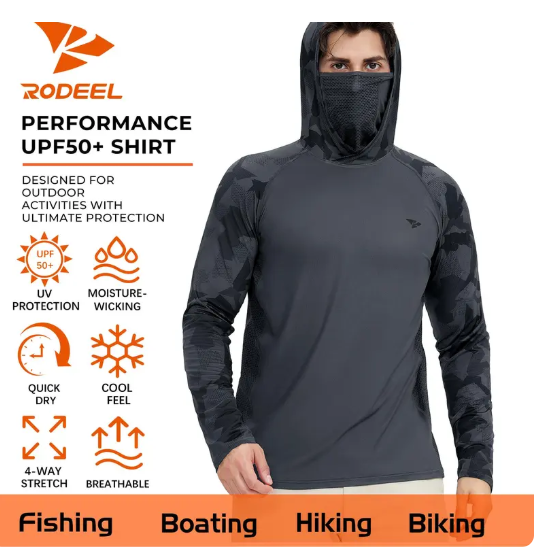 Men's Sun Protection Hoodie with Neck Gaiter - UPF 50+ Long Sleeve Shirt