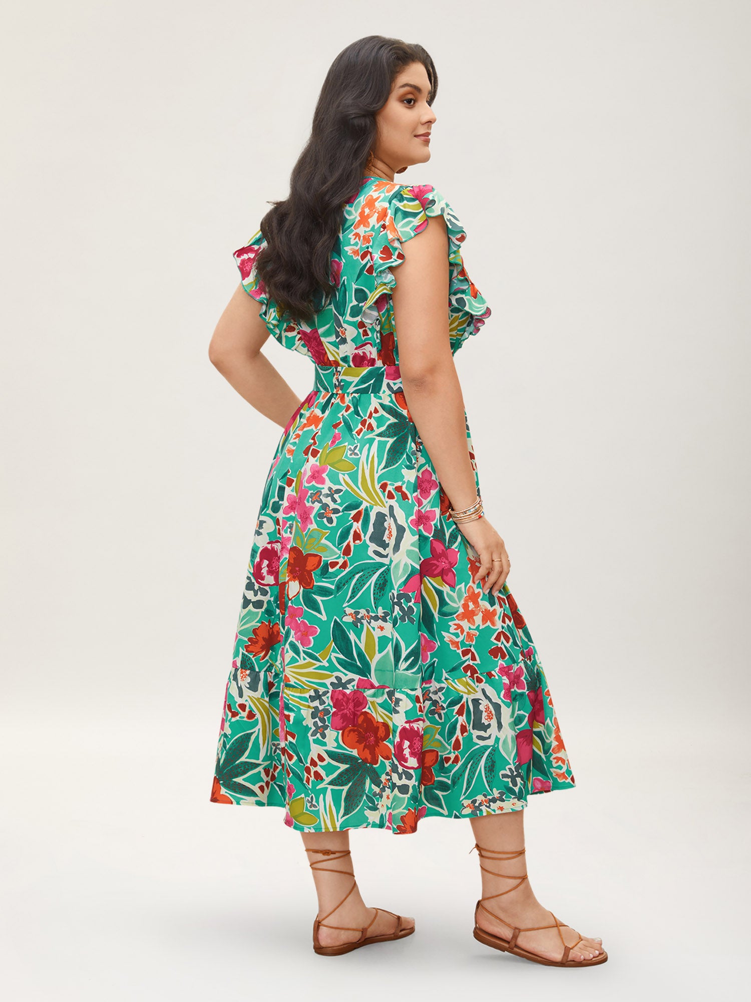 Floral Wrap Patchwork Ruffle Cap Sleeve Dress
