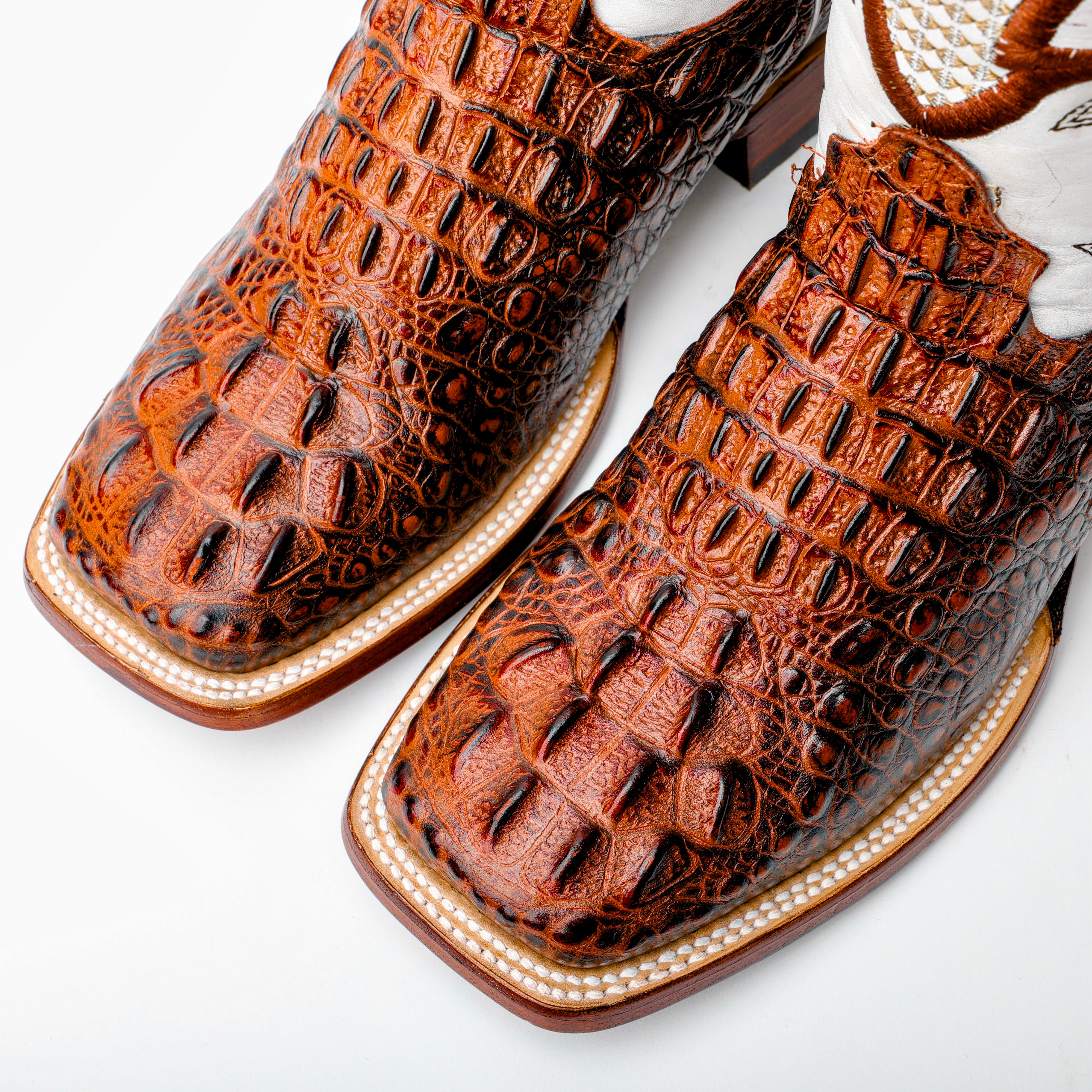 Cognac Caiman Neck Leather Boots - Square Toe