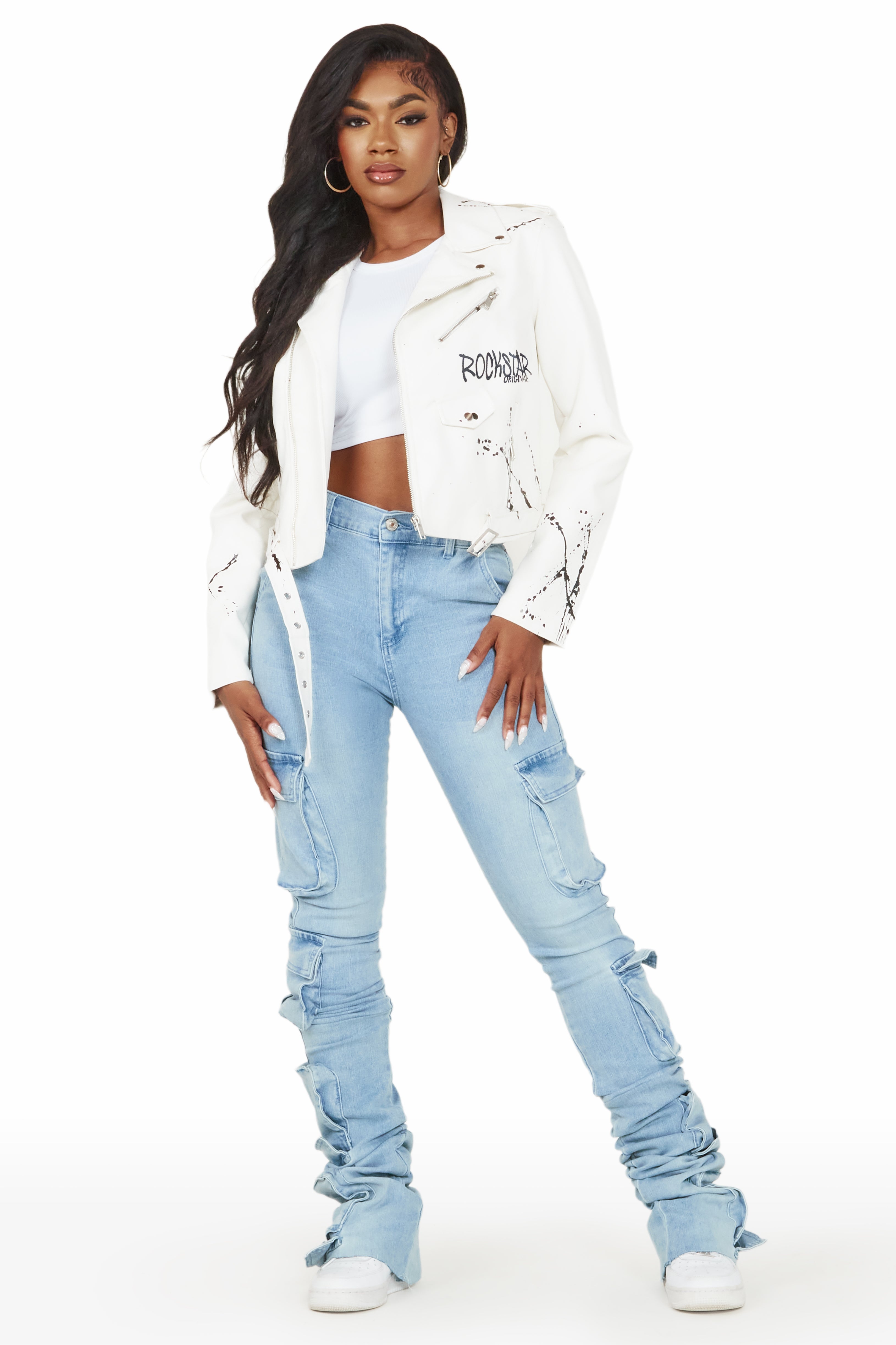 Indi White Drippy Biker Jacket