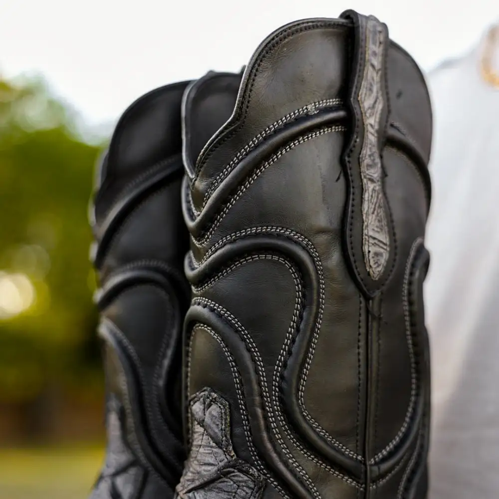 Meteorite Grey Rustic Pirarucu Leather Boots - Square Toe