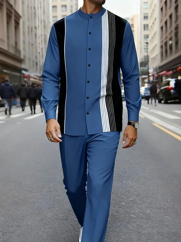 2 piece men's black and white vertical stripe graphic printed button up collar top and drawstring waist casual pants