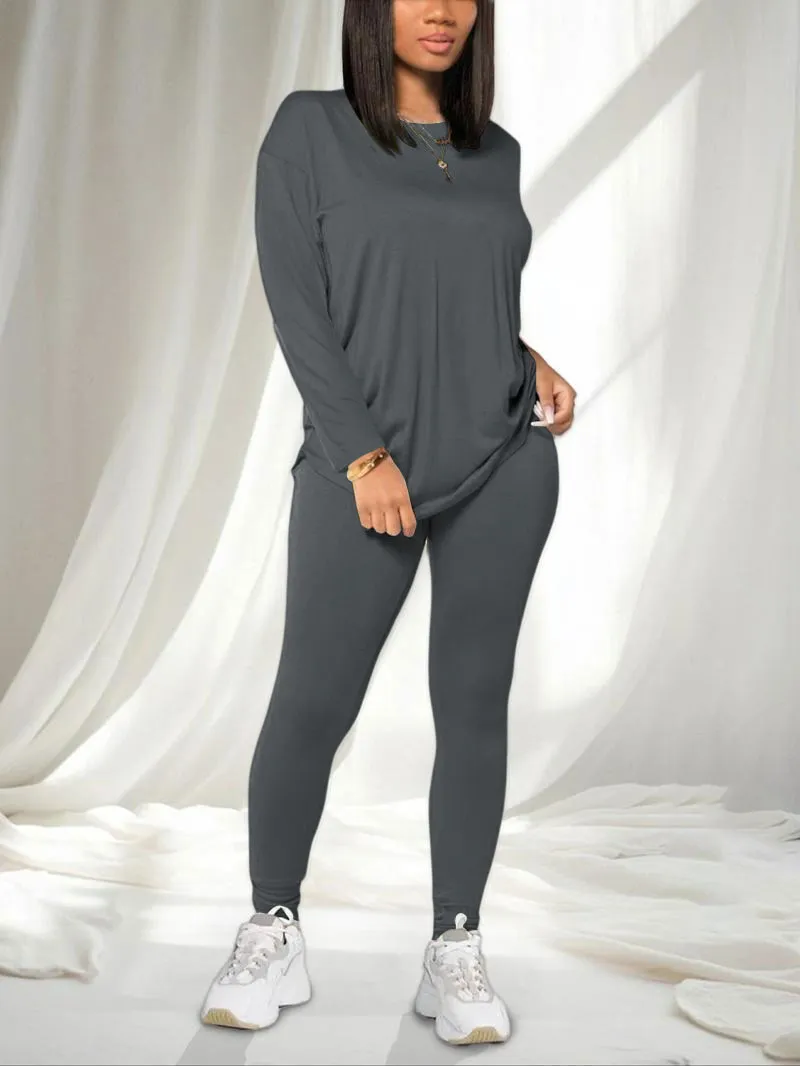 Women's Solid Drop Shoulder Tee & Elastic Waist Skinny Pants Two-piece Set