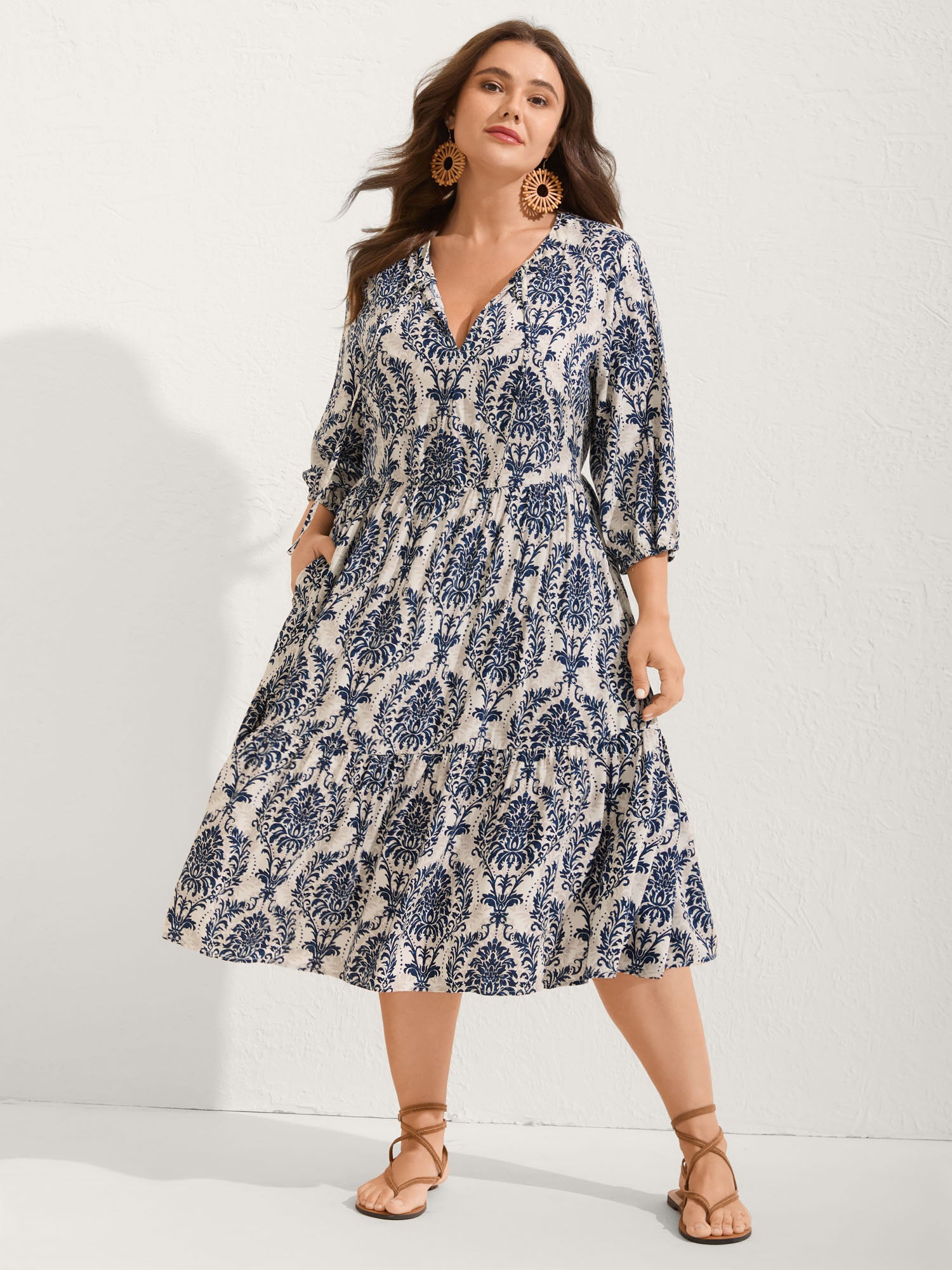 Damask Print Tie Knot Puff Sleeve Dress