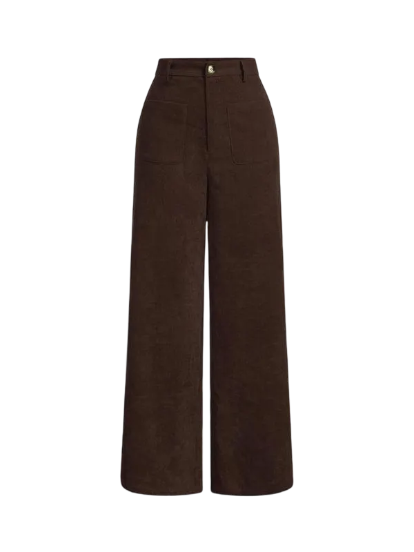 Women's solid color wide-leg pants with pockets and buttons