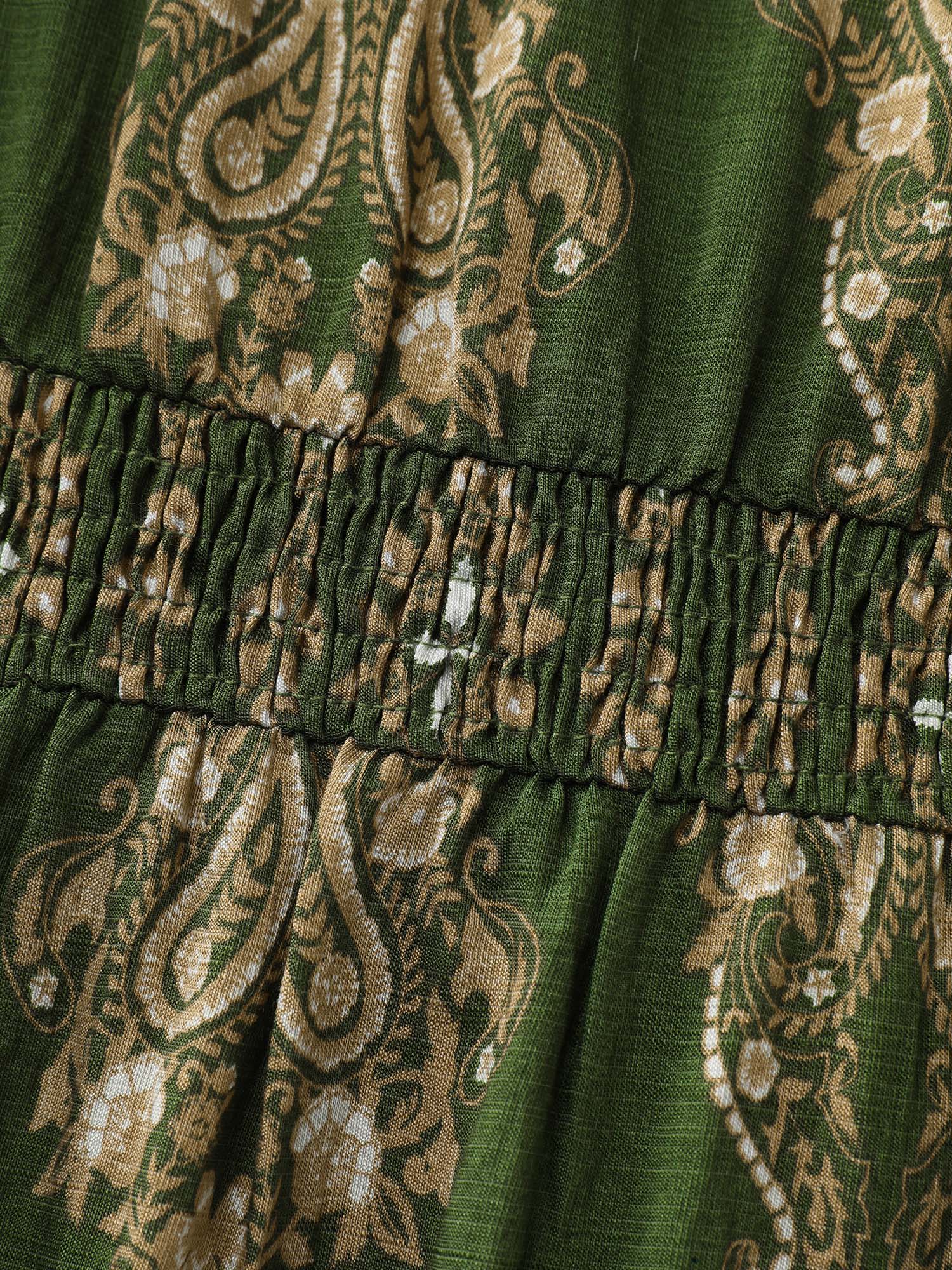 Paisley Print Pockets Shirred Waist Maxi Dress