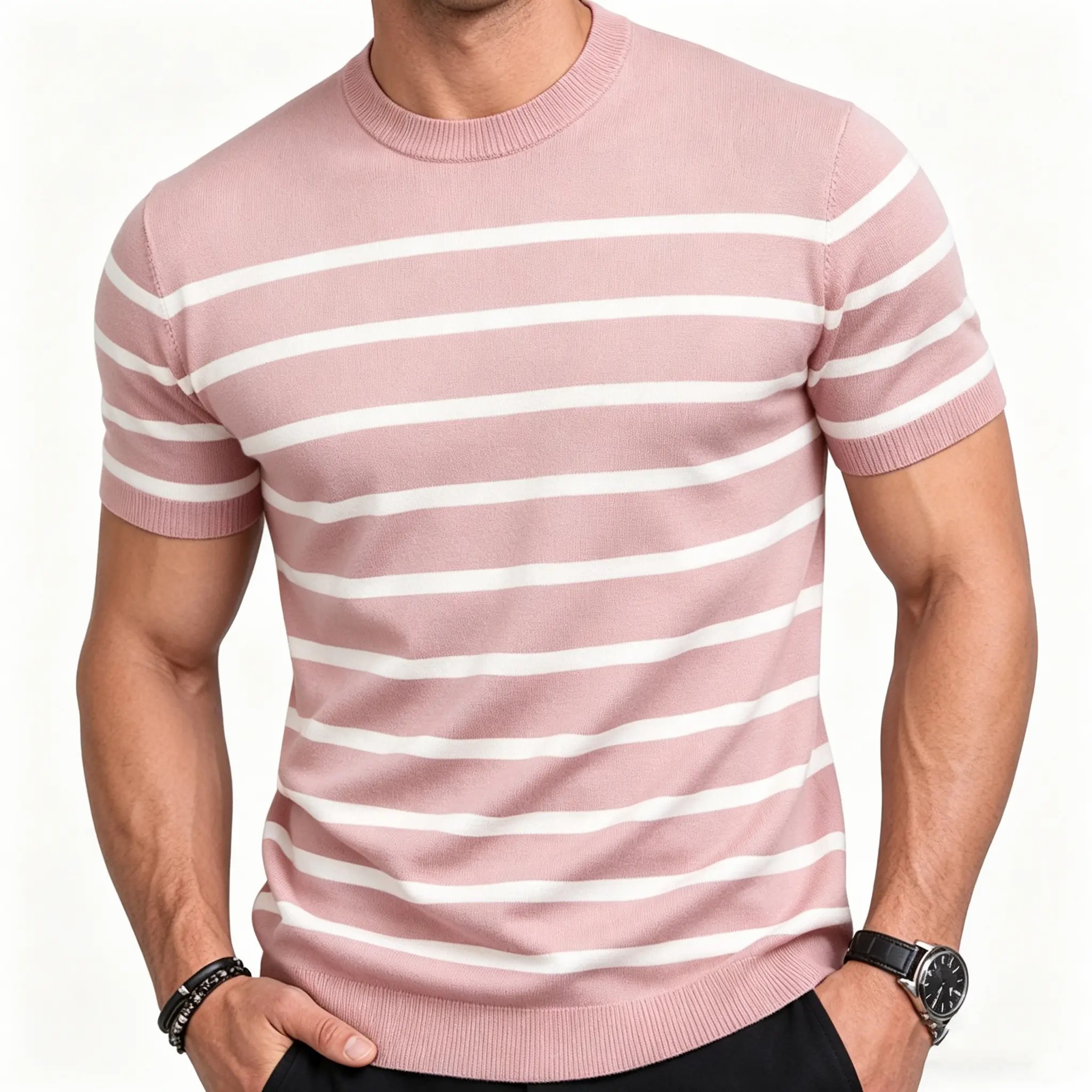 Unisex Retro Striped Knitted T-Shirt – Vintage Crew Neck Summer Basic