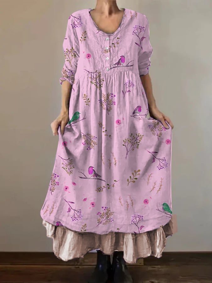 Women's Casual Art Flower And Bird Print Dress- Fast Shipping