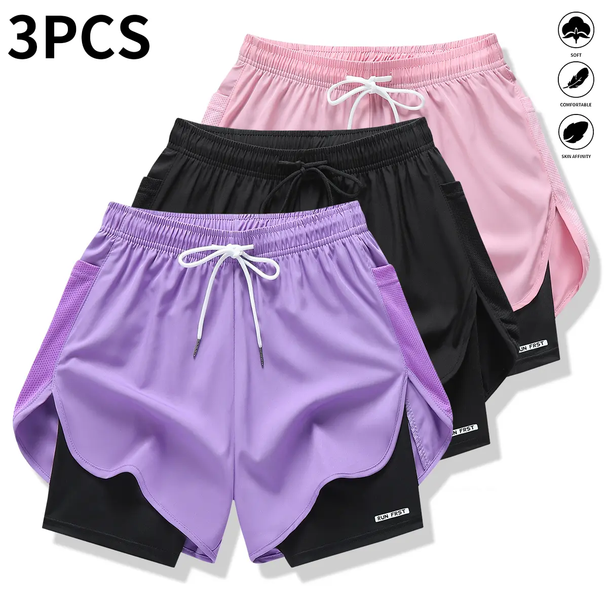 Pack of 3 women’s casual athletic pants, faux two-piece design, solid color, with inner lining, elastic drawstring waistband