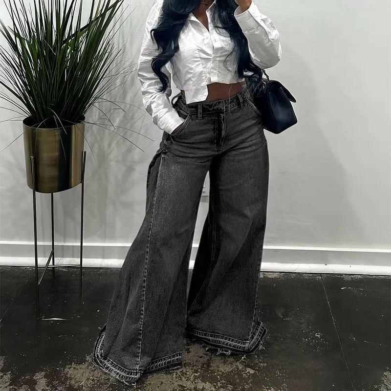 Women Flared Wide Side Loose Jeans High Waist