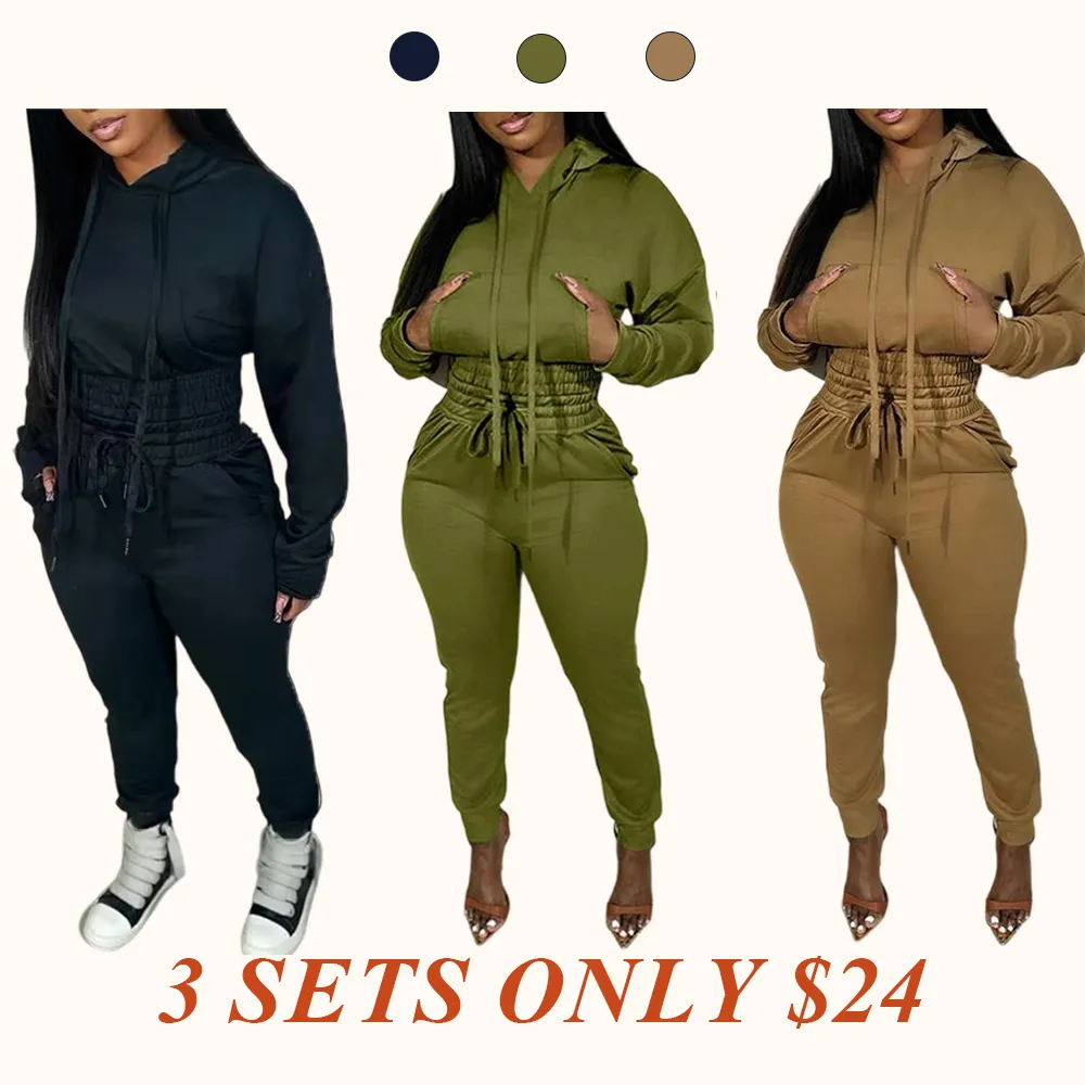 Womens 2 Piece Outfits Lounge Hoodie Shirred Waist Pocket Design Sweatshirt Cuffed Jogger Sweatpants Tracksuit