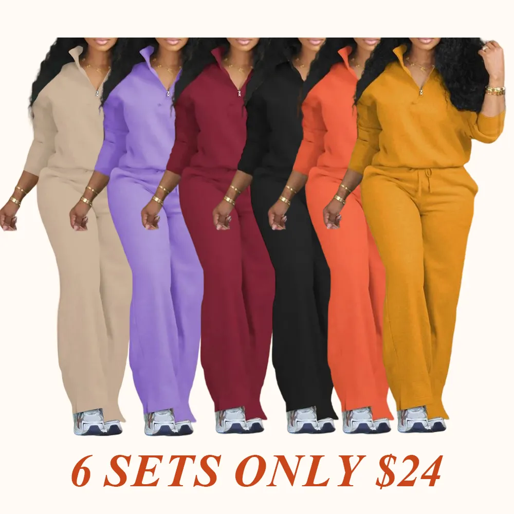Women's Solid Half Placket Split Hem Pants Set
