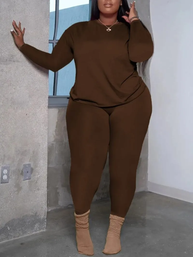 Women's Plus Size 2-Piece Set, Long-Sleeve Round-Neck Top & Pants, Casual Home Sportswear for Daily Wear