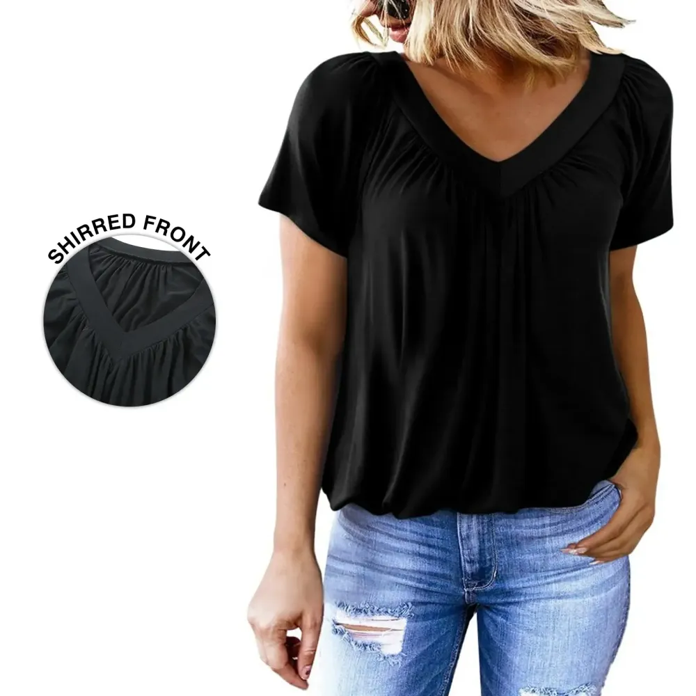 Women's Casual Summer Short Sleeve V Neck Tops T-shirts - Loose Fit & Comfortable Shirring Top