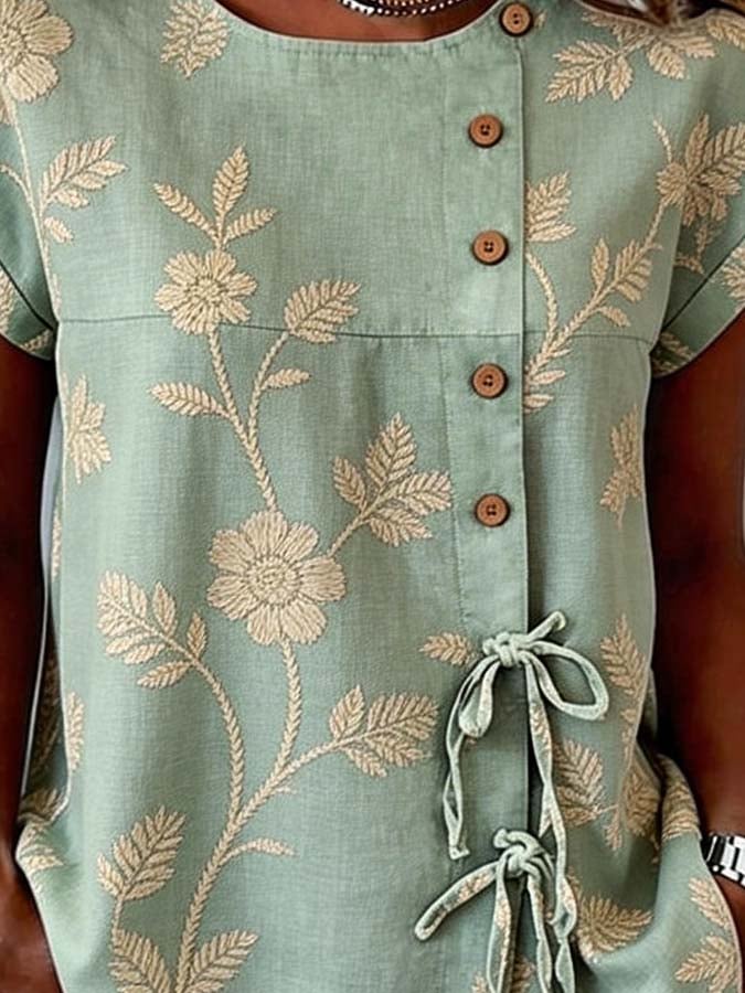 Women'S Casual Printed Tie-Waist Button-Up Top