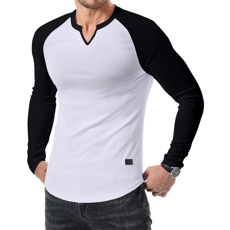 Men’s Ribbed V-Neck Long Sleeve Casual Tee