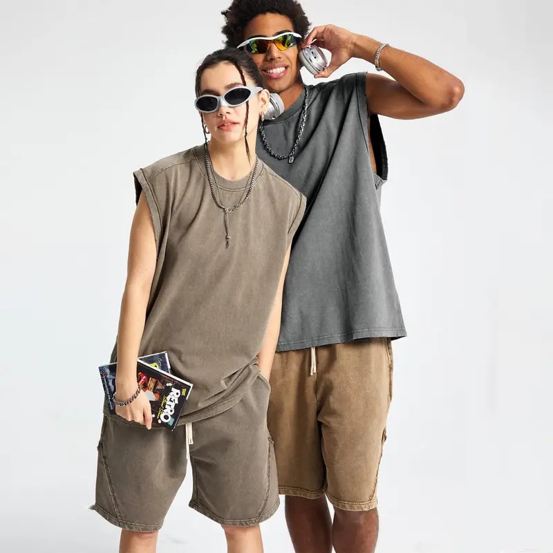 Unisex Acid Wash Cotton Muscle Tank Top – Loose Fit Gym & Streetwear Vest