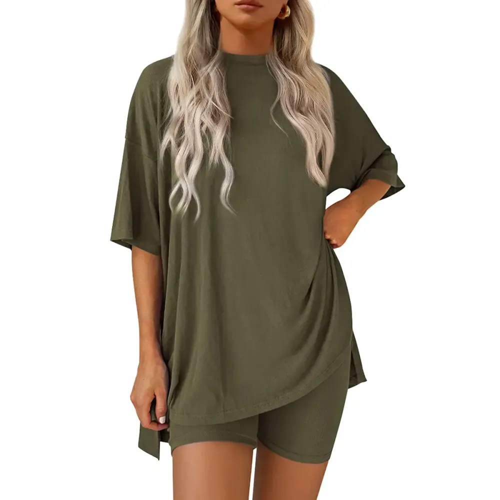 Crewneck Two-Piece Set For Women Summer Casual Oversized Split Hem Shirts