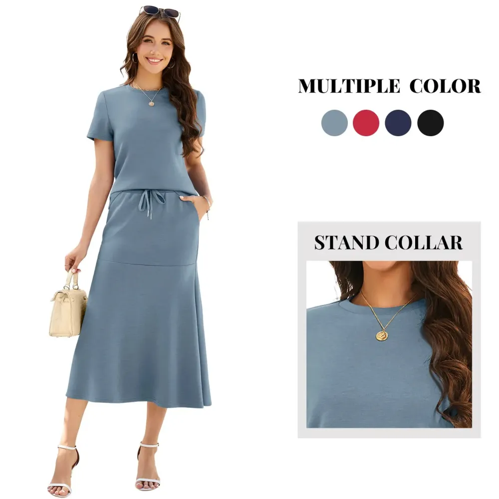 Women's Two Piece Sets Summer Outfits Cap Sleeve Top Drawstring Midi Skirts