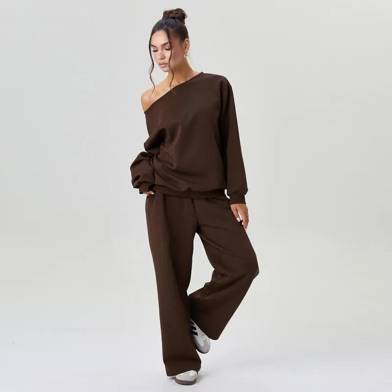 🔥8-PACKS 🔥Women's Leisure Solid Color Sloping Shoulder Long Sleeve Top & Wide Leg Trousers