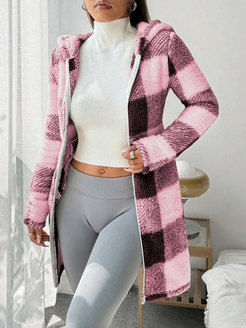 Women's Plaid Fleece Long Sleeve Hooded Coat