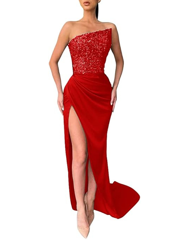 Shiny Sequinned Off-The-Shoulder Sleeveless Asymmetric Split-Side Wrap Evening Maxi Dresses